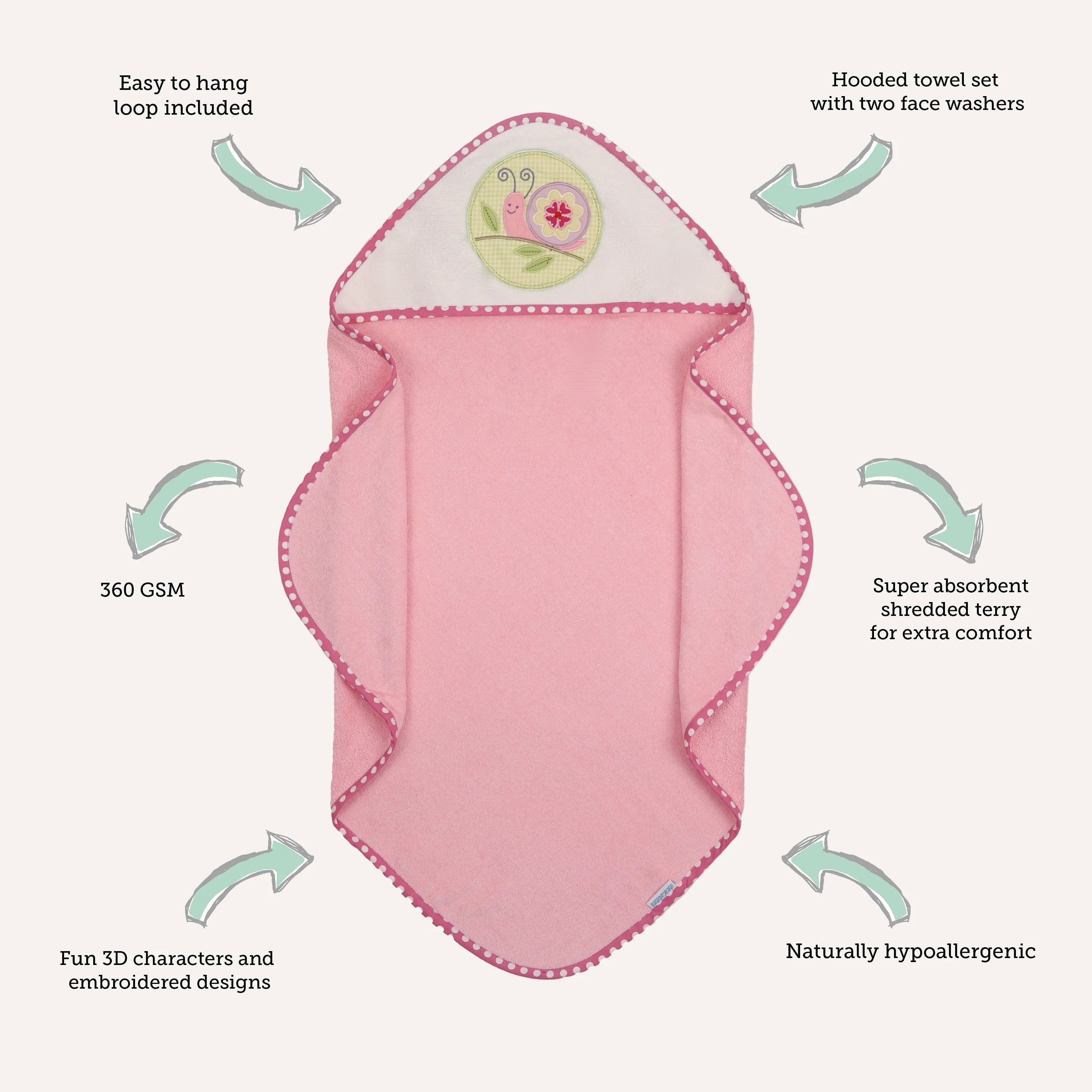 Abracadabra Hooded Towel with Two Face Washers Blossom