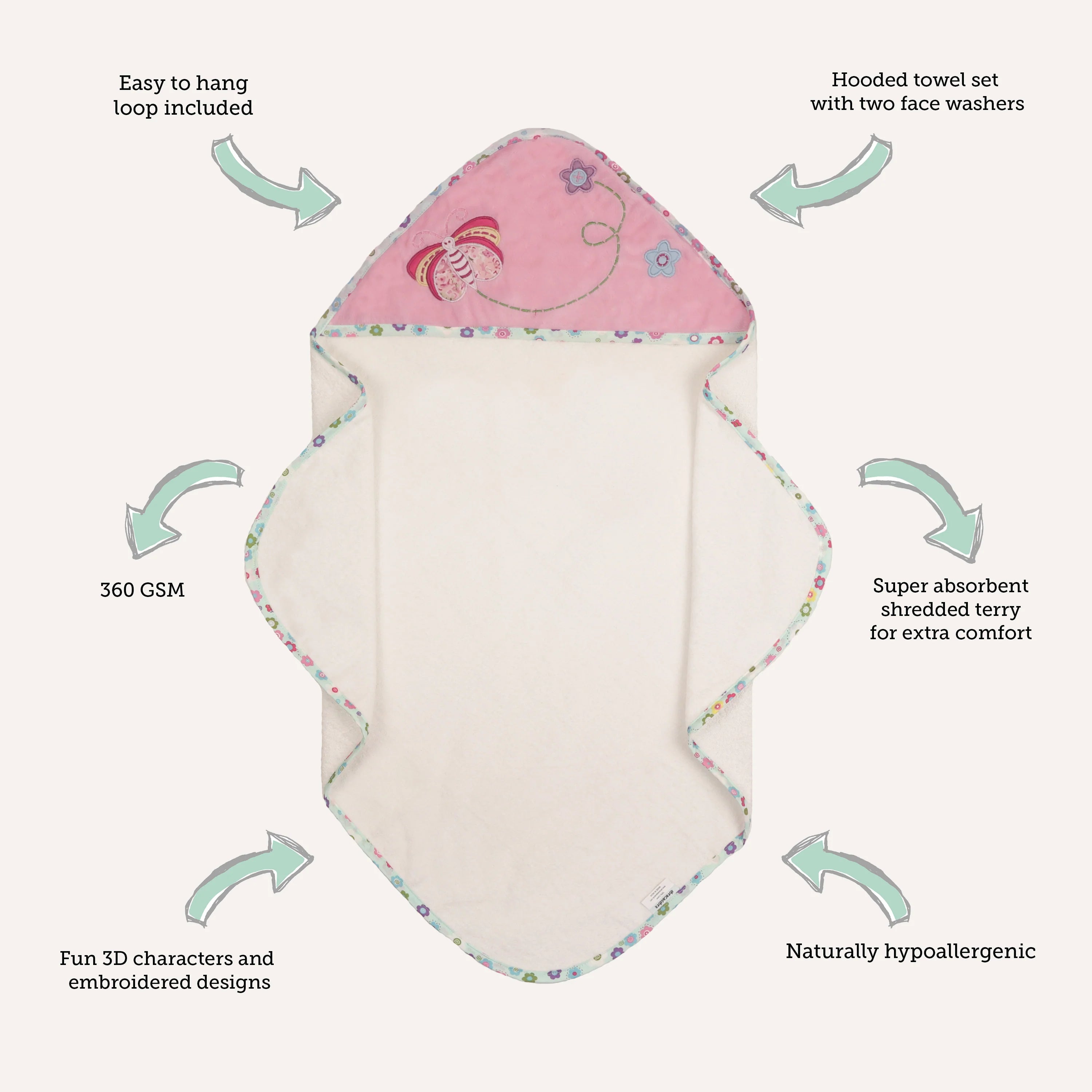 Abracadabra Hooded Towel with Two Face Washers Papillon