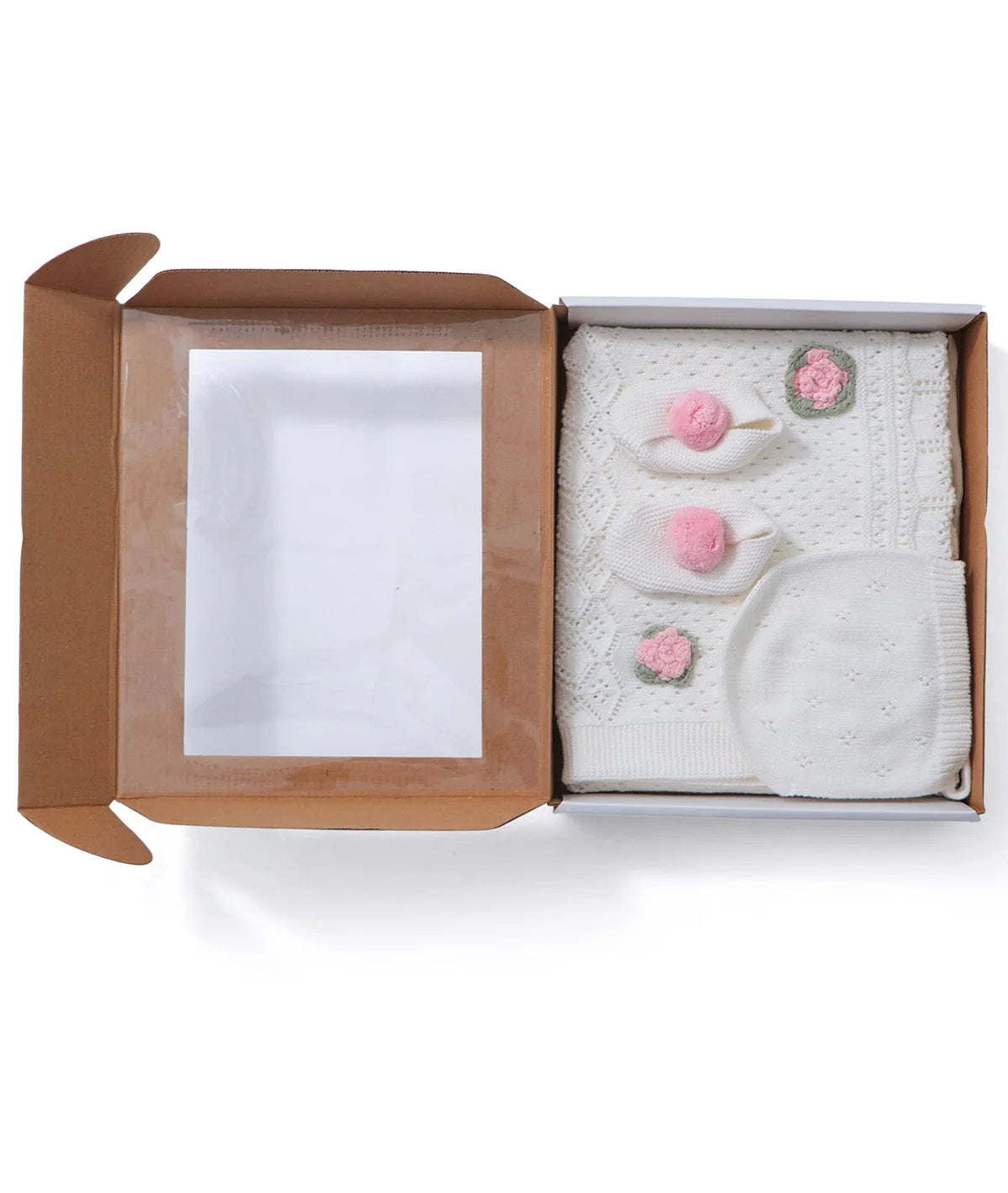 Keepsake Baby Gift Set- Crochet Knit Blanket with Hand Crochet Flowers with Booties & Cap in Box Packing