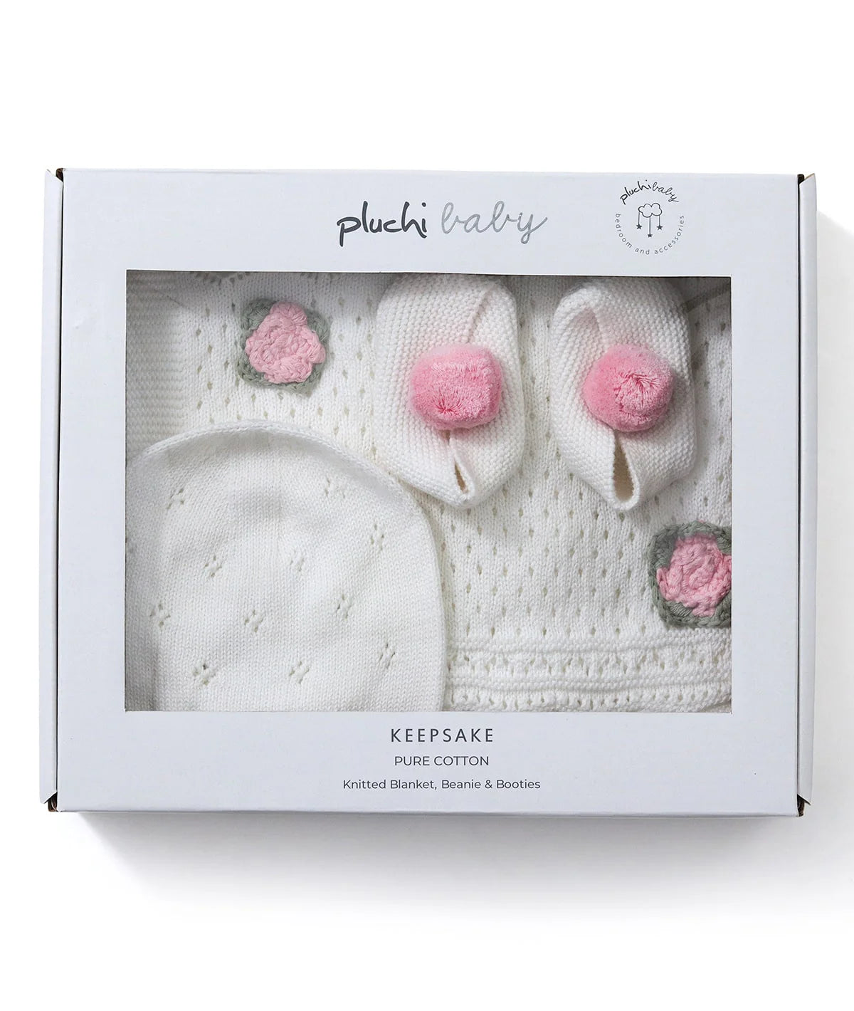 Keepsake Baby Gift Set- Crochet Knit Blanket with Hand Crochet Flowers with Booties & Cap in Box Packing