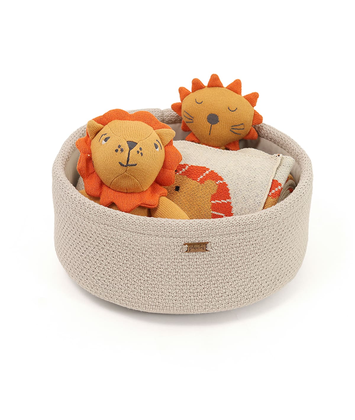 Leo Gift Basket (Set of Four pcs - Storage Basket, Knitted Baby Blanket, Soft Toy, and Rattle)