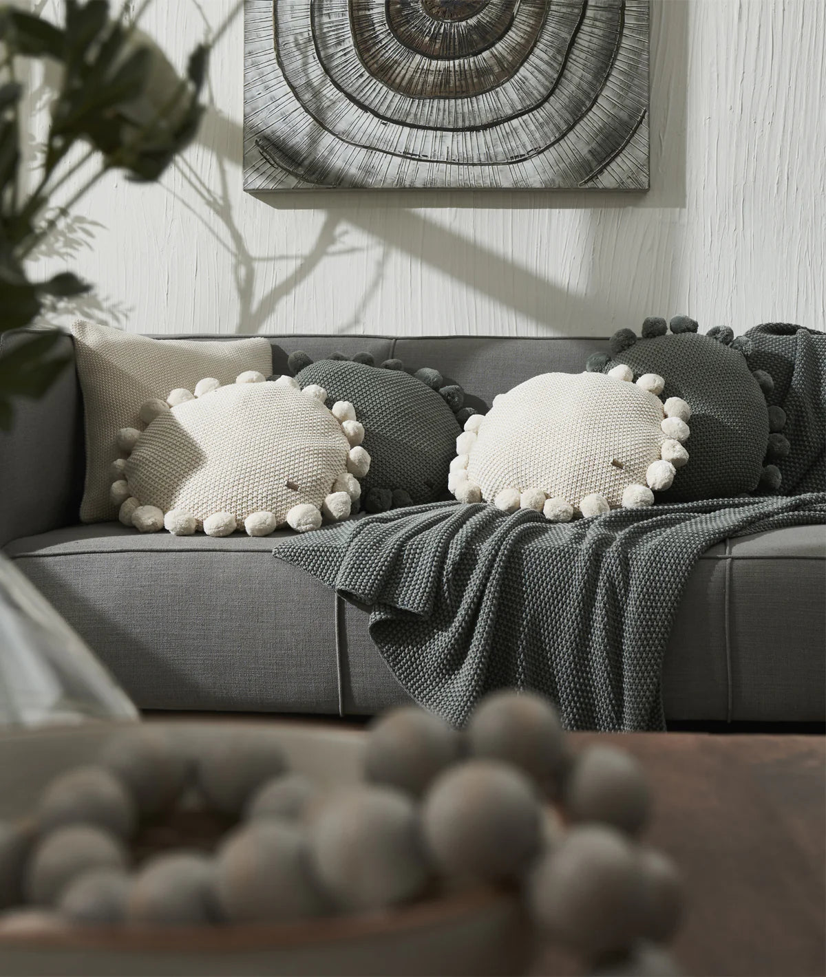 Pom Pom Natural Cotton Knitted Decorative Sixteen Inches Dia Cushion Cover
