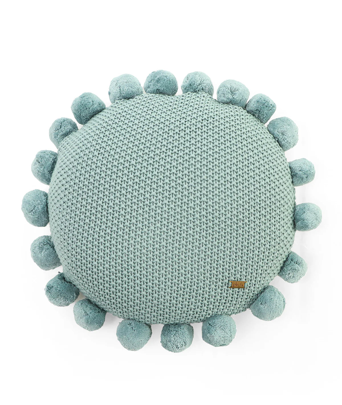 Pom Pom Dull Blue Cotton Knitted Decorative Sixteen Inches Dia Cushion Cover