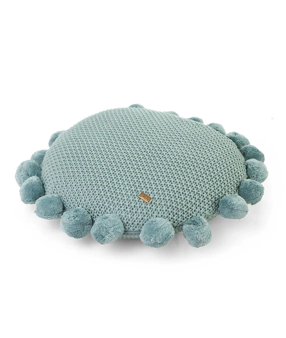 Pom Pom Dull Blue Cotton Knitted Decorative Sixteen Inches Dia Cushion Cover