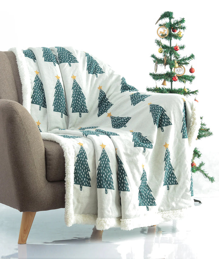 Christmas Tree Cotton Knitted Kids Blanket with Warm Sherpa Fabric (Ivory, Green & Yellow)