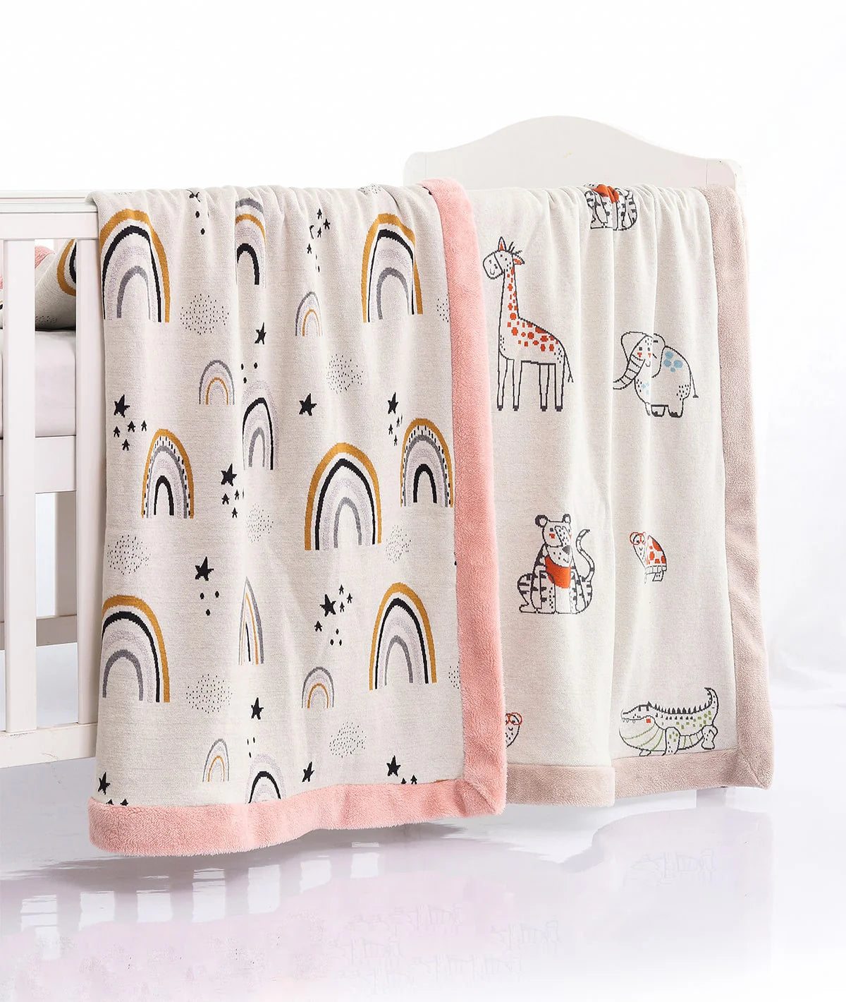 Dance with Rainbows - Natural, Light Pink & Multi Color Cotton Knitted Blanket With Faux Fur Back For Kids