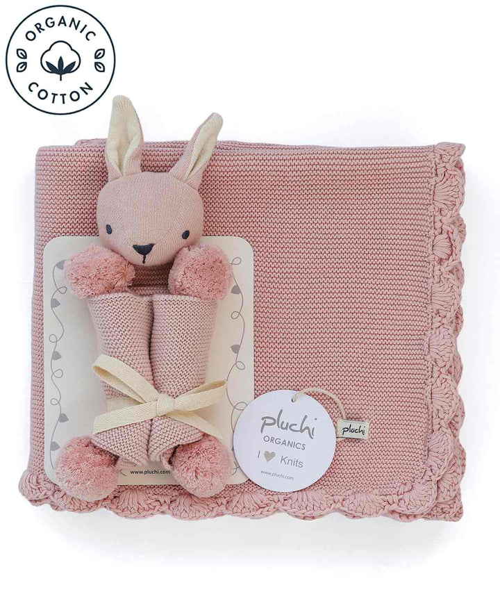 Rabbit- Pink Pearl Cotton Knitted All Season AC Blanket with Cuddle Cloth Set for Babies