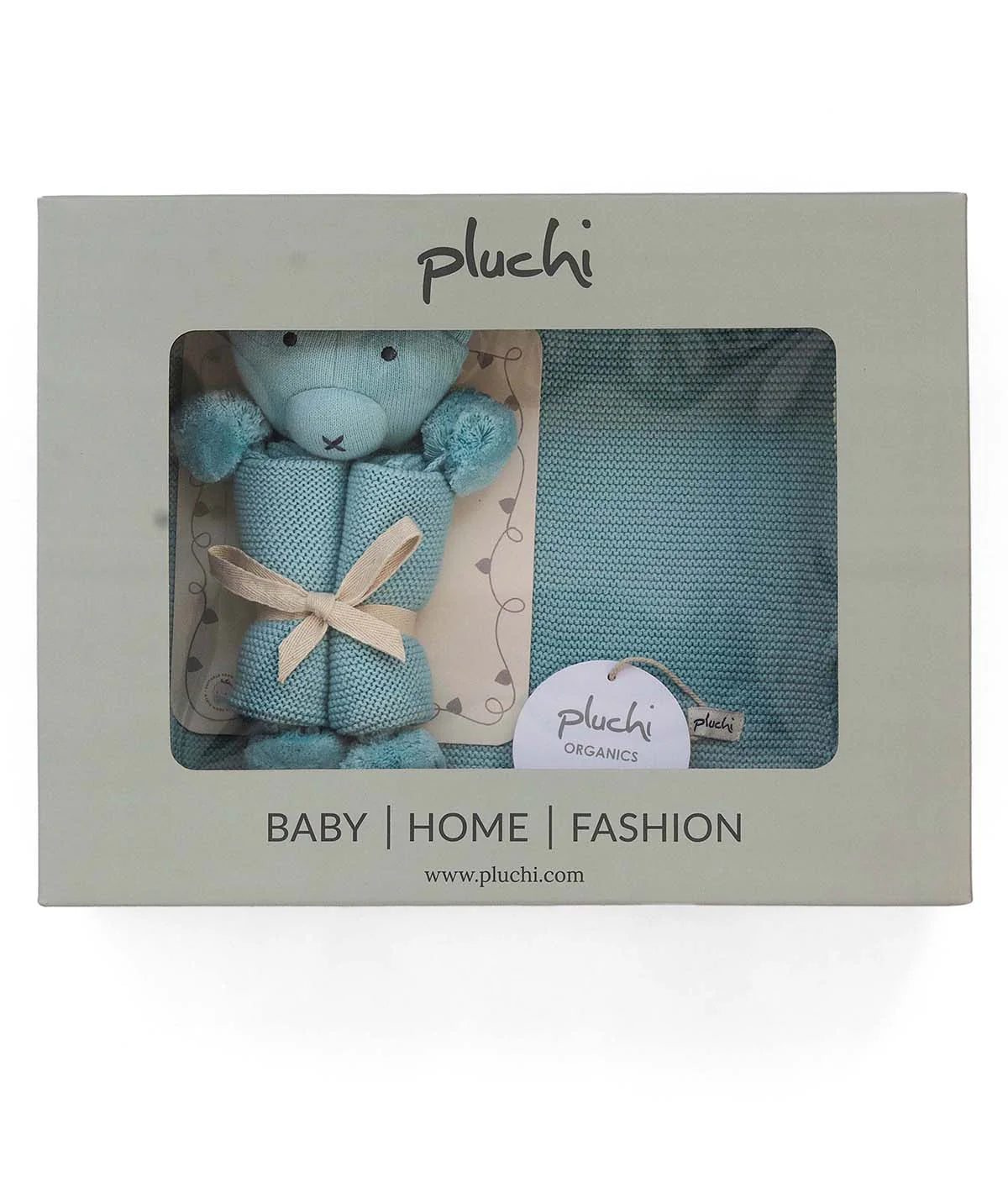 Teddy Bear- Baby Blue Cotton Knitted All Season AC Blanket with Cuddle Cloth Set for Babies