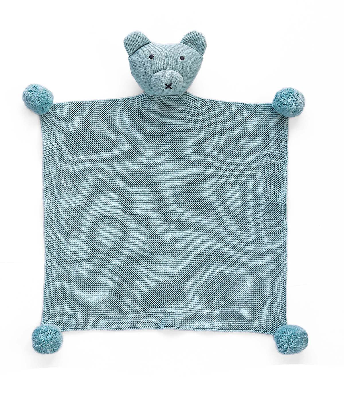 Teddy Bear- Baby Blue Cotton Knitted All Season AC Blanket with Cuddle Cloth Set for Babies