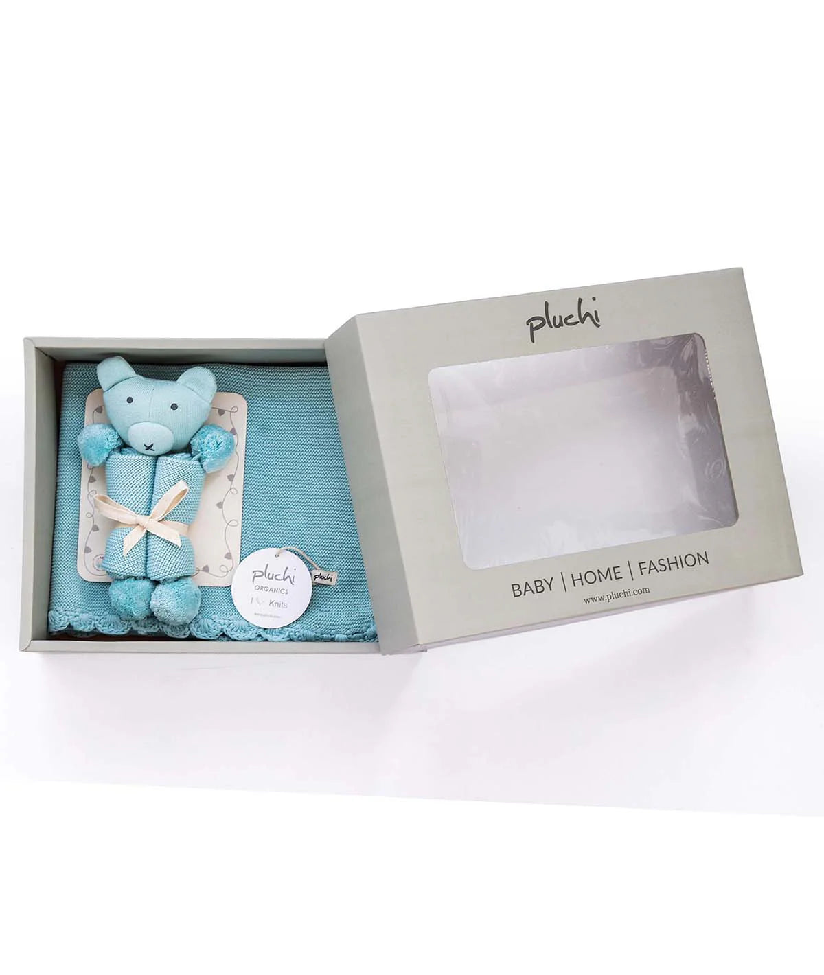 Teddy Bear- Baby Blue Cotton Knitted All Season AC Blanket with Cuddle Cloth Set for Babies