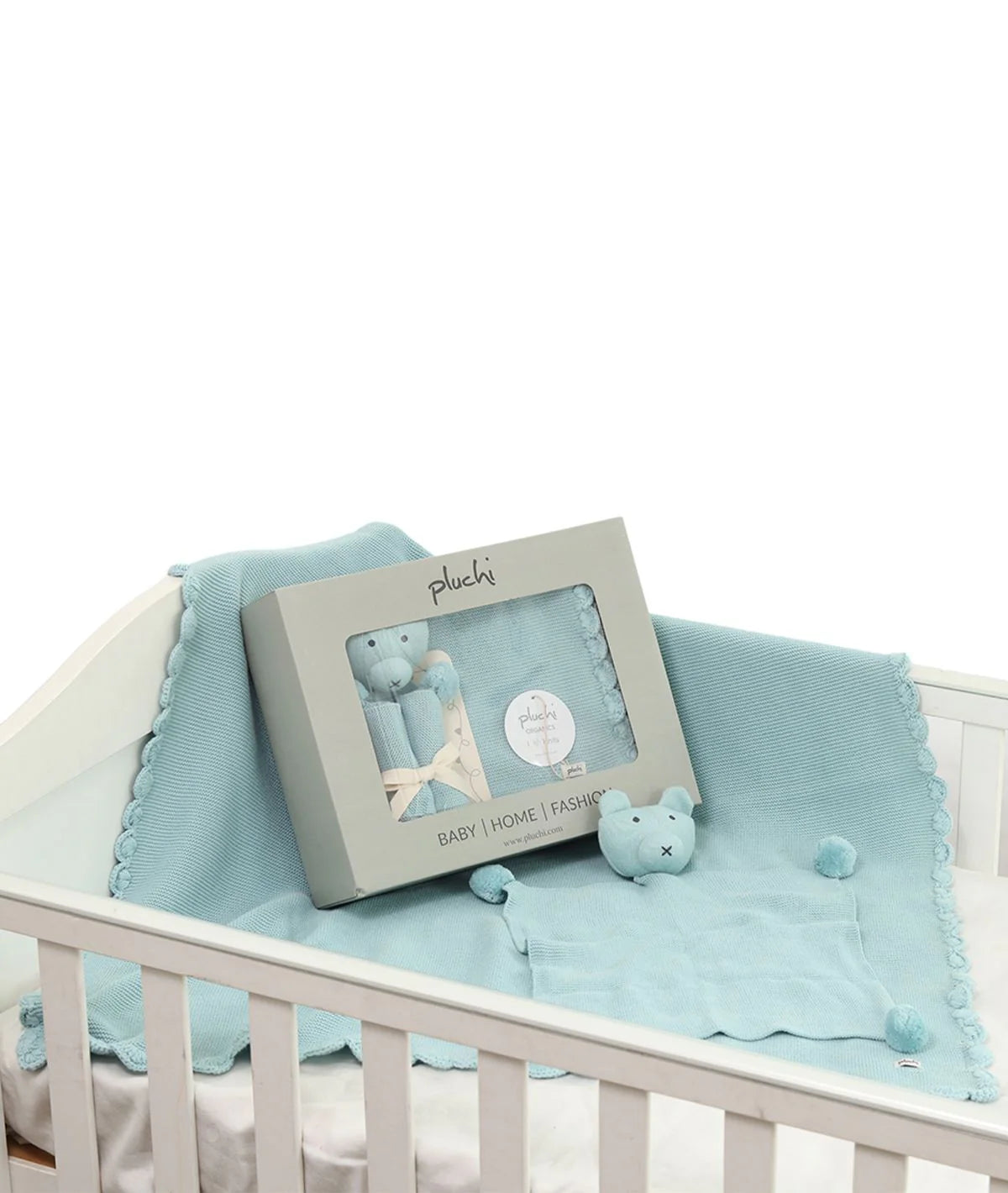 Teddy Bear- Baby Blue Cotton Knitted All Season AC Blanket with Cuddle Cloth Set for Babies