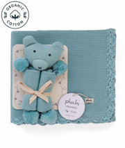 Teddy Bear- Baby Blue Cotton Knitted All Season AC Blanket with Cuddle Cloth Set for Babies