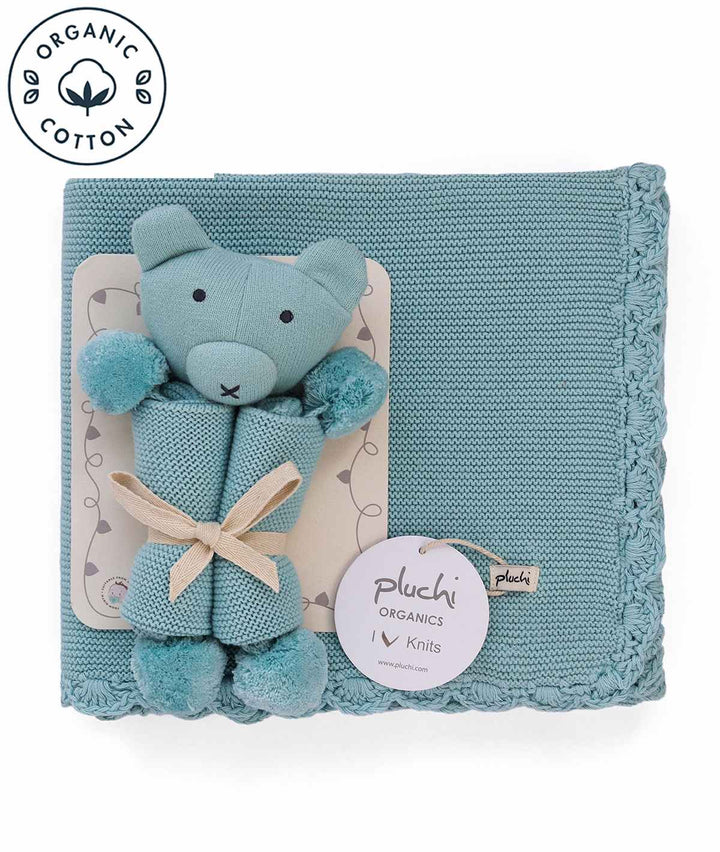 Teddy Bear- Baby Blue Cotton Knitted All Season AC Blanket with Cuddle Cloth Set for Babies