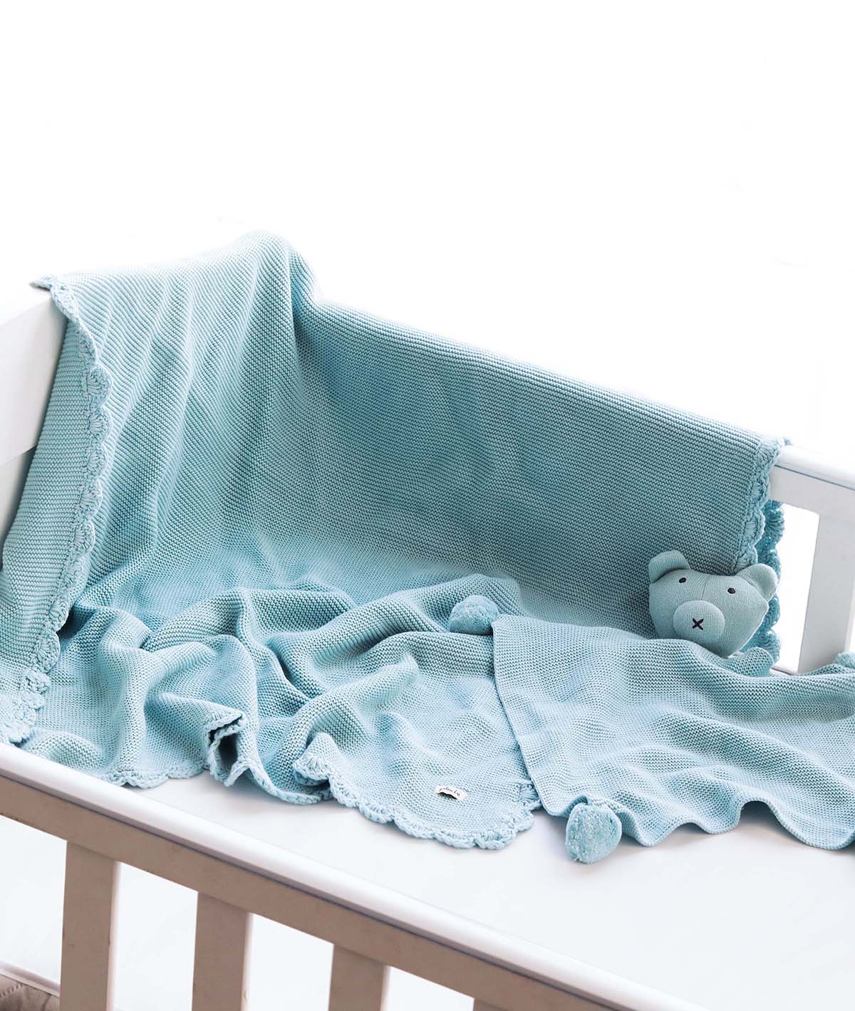 Teddy Bear- Baby Blue Cotton Knitted All Season AC Blanket with Cuddle Cloth Set for Babies