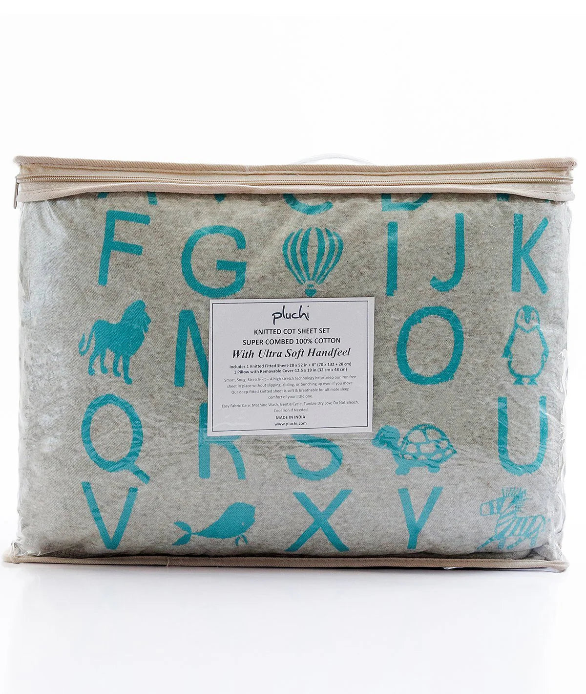 Alphabet Vanilla Grey Cotton Knitted Cot Sheet & Pillow Set for Babies