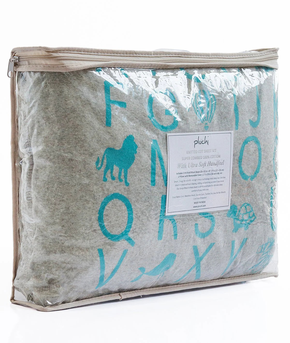 Alphabet Vanilla Grey Cotton Knitted Cot Sheet & Pillow Set for Babies