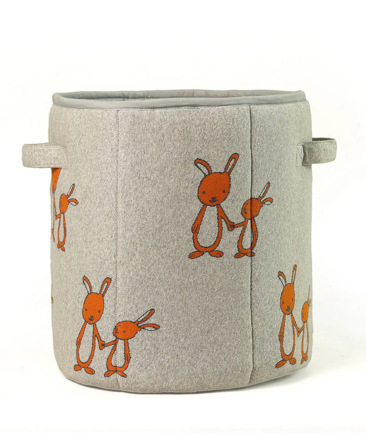 Mumma and Baby Bunny Cotton Knitted Large Kids Baskets in Light Grey Melange & Bright Orange For Assembling Toys and other Playing Accessories
