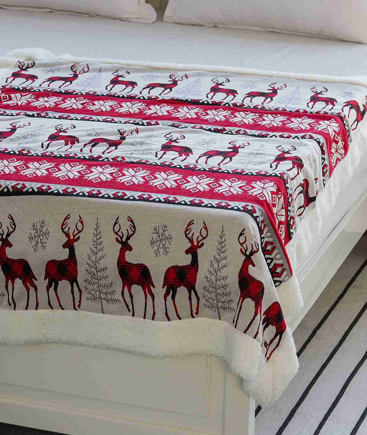 Reindeer - Cotton Knitted Kids Blanket with Warm Sherpa Fabric (Ivory, Steel Grey and Red)