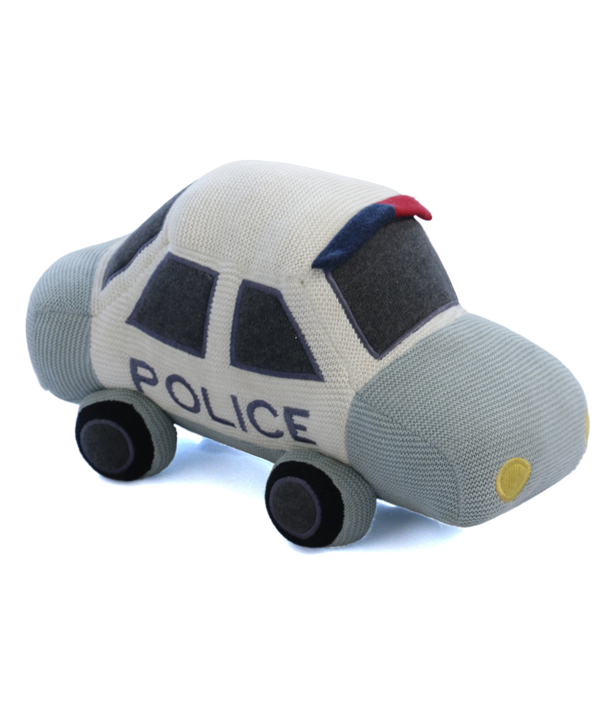 Police Car - Light Blue , Black and Natural Cotton Knitted Stuffed Soft Toy for Babies / Kids