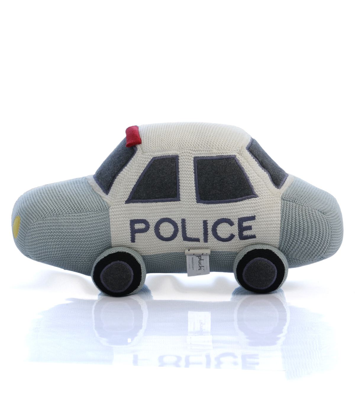 Police Car - Light Blue , Black and Natural Cotton Knitted Stuffed Soft Toy for Babies / Kids
