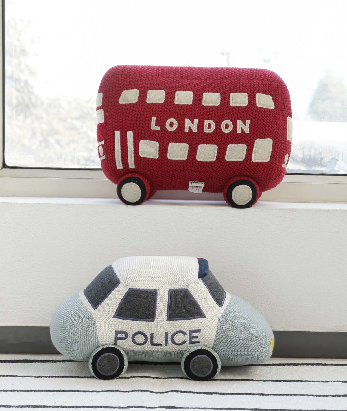 Police Car - Light Blue , Black and Natural Cotton Knitted Stuffed Soft Toy for Babies / Kids