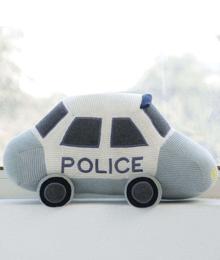 Police Car - Light Blue , Black and Natural Cotton Knitted Stuffed Soft Toy for Babies / Kids