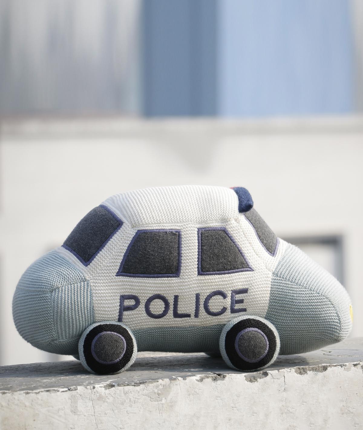 Police Car - Light Blue , Black and Natural Cotton Knitted Stuffed Soft Toy for Babies / Kids