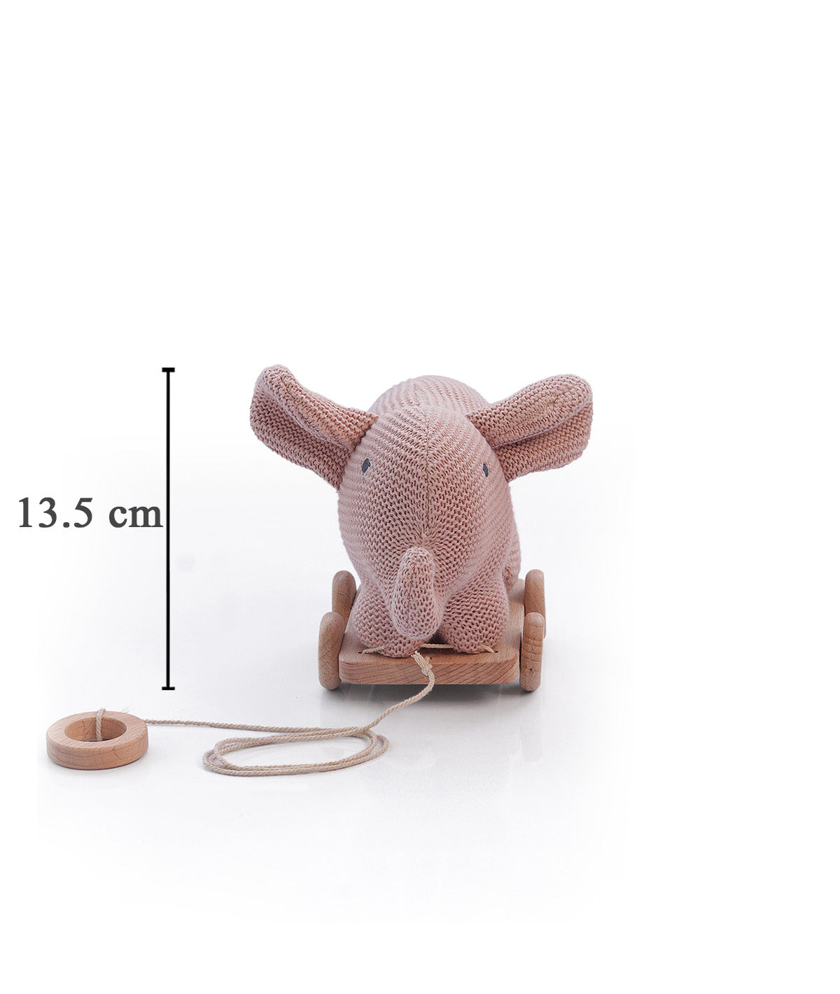 Push & Pull Elephant - Pale Pink Cotton Knitted Stuffed Soft Toy for Babies / Kids with Wooden Cart