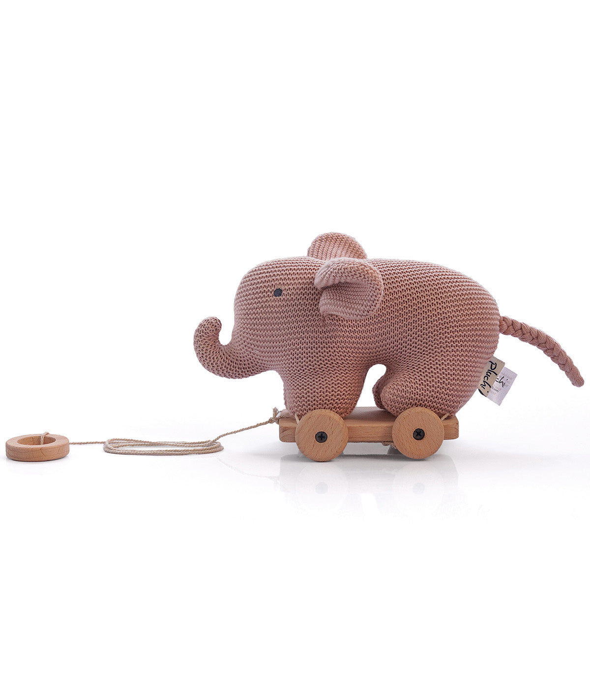 Push & Pull Elephant - Pale Pink Cotton Knitted Stuffed Soft Toy for Babies / Kids with Wooden Cart