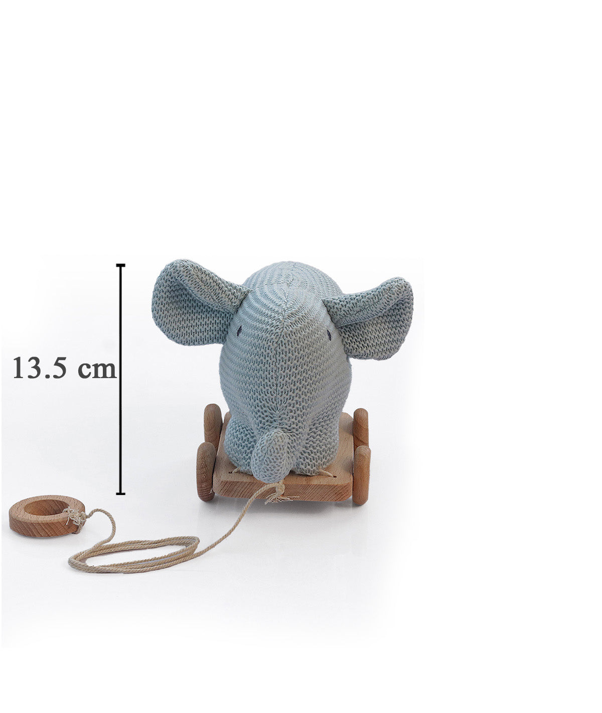 Push & Pull Elephant - Light Blue Cotton Knitted Stuffed Soft Toy for Babies / Kids with Wooden Cart