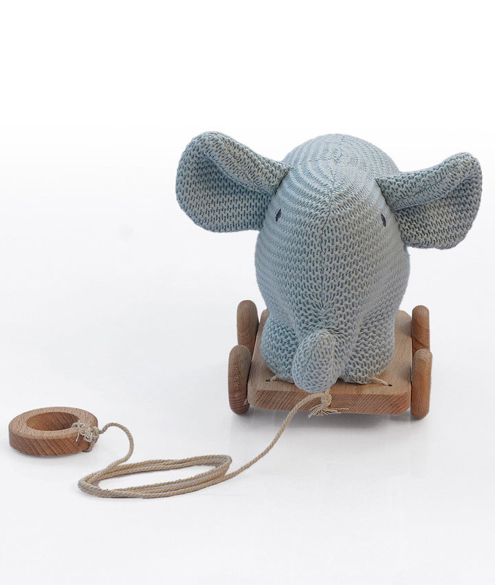 Push & Pull Elephant - Light Blue Cotton Knitted Stuffed Soft Toy for Babies / Kids with Wooden Cart