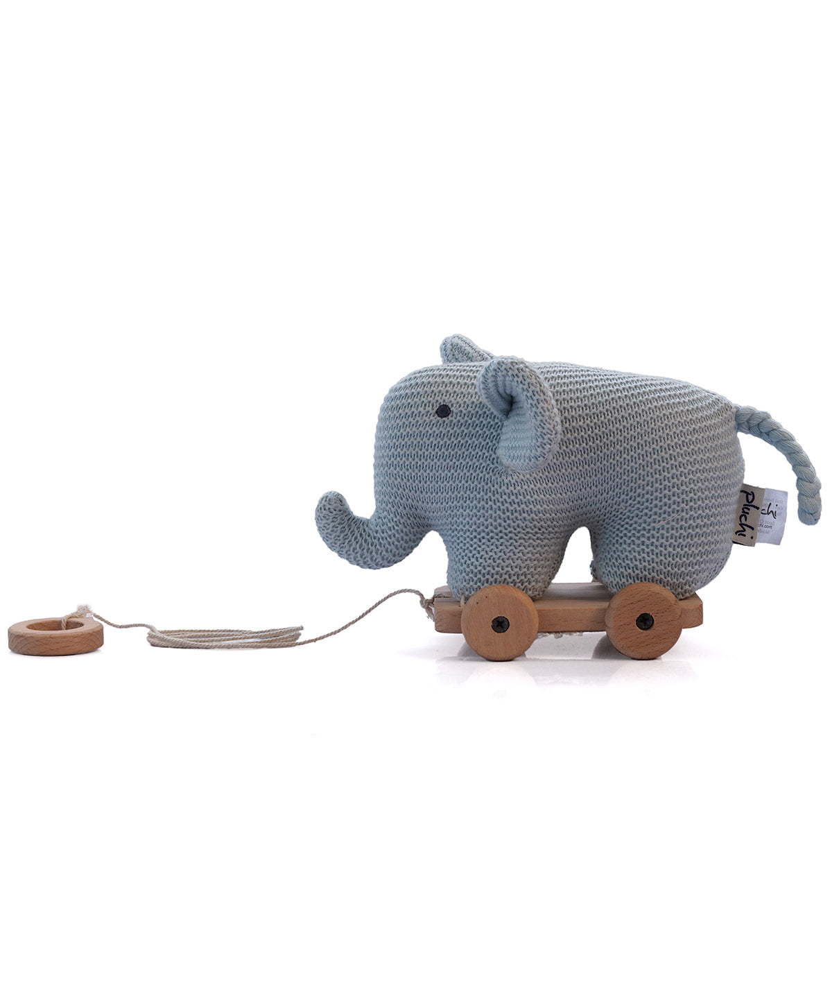 Push & Pull Elephant - Light Blue Cotton Knitted Stuffed Soft Toy for Babies / Kids with Wooden Cart