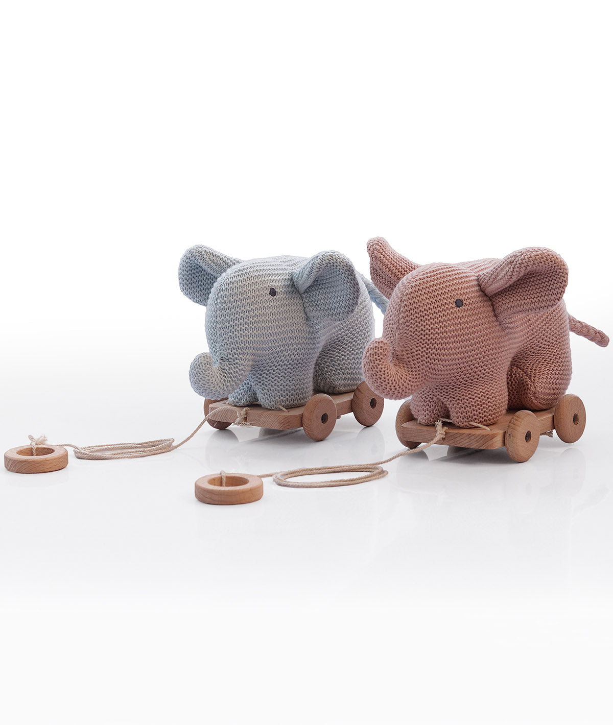 Push & Pull Elephant - Pale Pink Cotton Knitted Stuffed Soft Toy for Babies / Kids with Wooden Cart