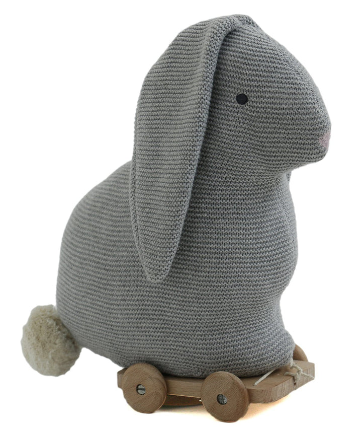 Push & Pull Bunny - Grey Cotton Knitted Stuffed Soft Toy for Babies / Kids with Wooden Cart