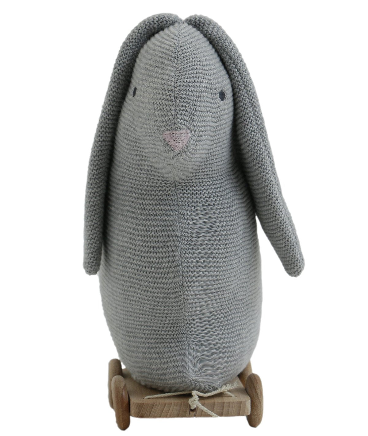 Push & Pull Bunny - Grey Cotton Knitted Stuffed Soft Toy for Babies / Kids with Wooden Cart