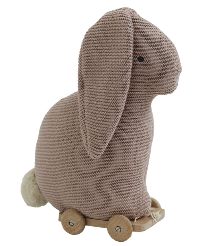 Push & Pull Bunny - Pale Pink Cotton Knitted Stuffed Soft Toy for Babies / Kids with Wooden Cart