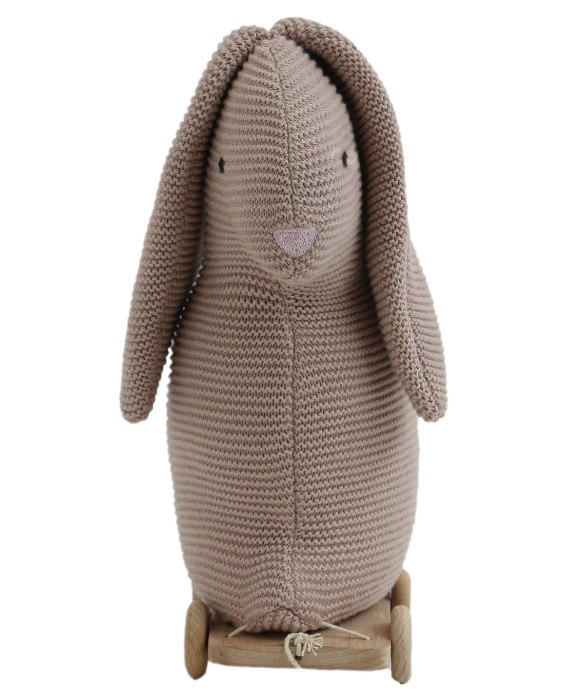 Push & Pull Bunny - Pale Pink Cotton Knitted Stuffed Soft Toy for Babies / Kids with Wooden Cart