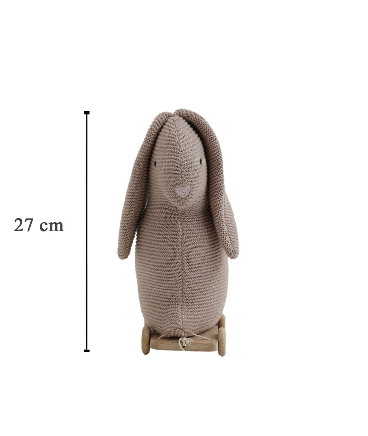 Push & Pull Bunny - Pale Pink Cotton Knitted Stuffed Soft Toy for Babies / Kids with Wooden Cart
