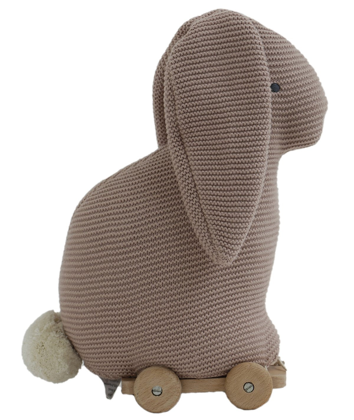 Push & Pull Bunny - Pale Pink Cotton Knitted Stuffed Soft Toy for Babies / Kids with Wooden Cart