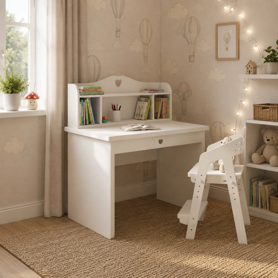 Children's desk with chair in a room with wallpaper featuring hot air balloons.