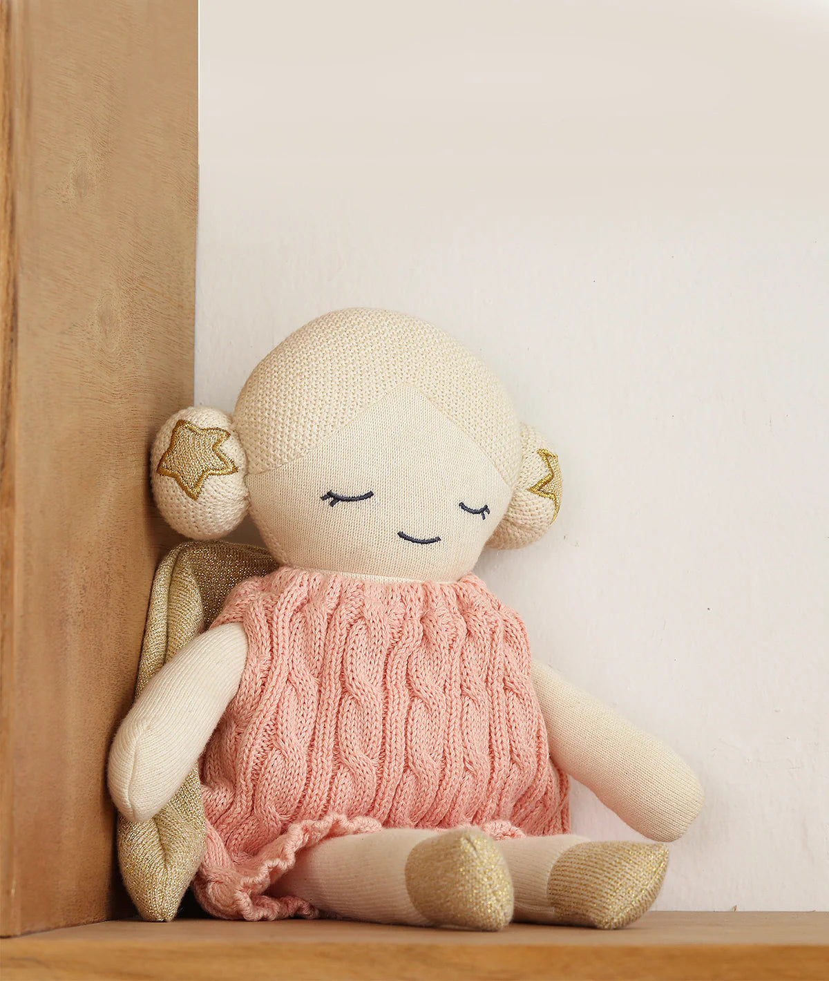 Angel Doll Cotton Knitted Stuffed Soft Toy (Baby Pink & Gold)