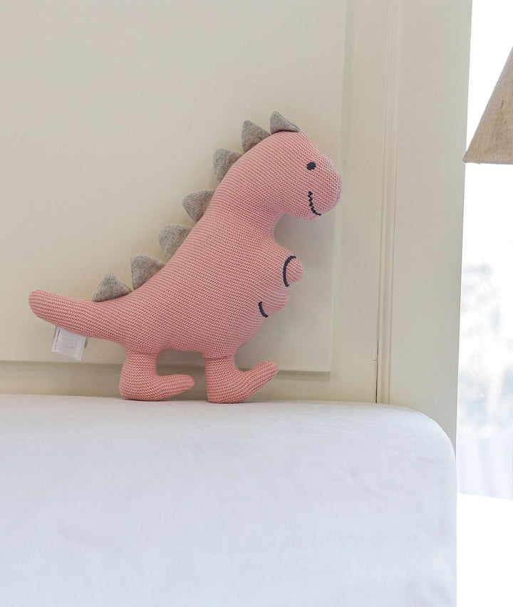 Cute Dino - Cotton Knitted Stuffed Soft Toy For Babies & Kids (Bubblgum Pink & Light Grey Melange)